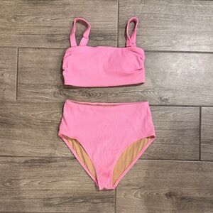 Pink Ribbed Bikini Set Tube Top with Straps